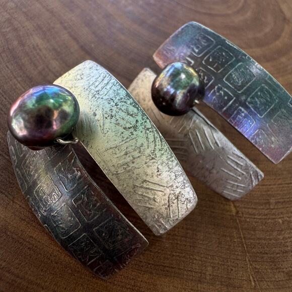 Lynda Fullerton & Bahr Sterling Silver Pearl Pierced Earrings Statement Asian - Picture 2 of 9